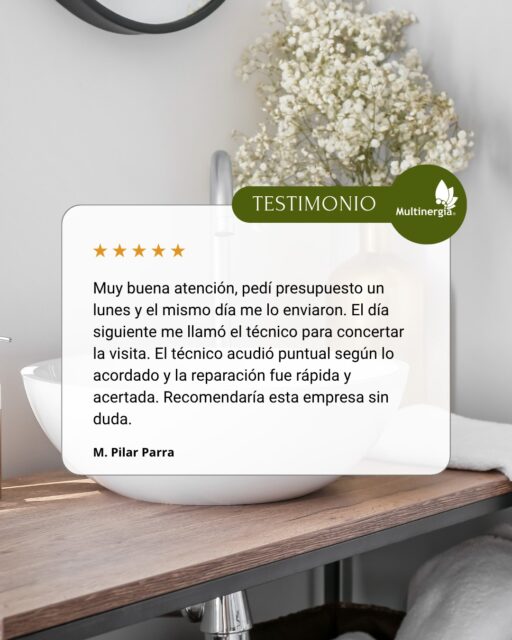 ¡Otro cliente satisfecho! En Multinergia, transformamos problemas en soluciones.
Conoce la historia de M. Pilar Parra, quien nos contactó para una reparación de fontanería: 'Muy buena atención, pedí presupuesto un lunes y el mismo día me lo enviaron. El día siguiente me llamó el técnico para concertar la visita. El técnico acudió puntual según lo acordado y la reparación fue rápida y acertada. Recomendaría esta empresa sin duda.'
Confía en nuestra experiencia de más de 40 años en instalaciones de griferías, inodoros, cisternas empotradas y sistemas de depuración. Materiales de calidad y servicio post-venta óptimo. ¡Pide tu presupuesto hoy y prepárate para tener todo a punto este mes! 📸💦
📩 Consúltanos sin compromiso.
🌐 https://www.multinergia.es
Whatsapp 673 140 046
#serviciotecnicooficial #equipamientodebaño #fontaneriaprofesional #osmosisinversa
#descalcificador #tratamientodelagua #fontaneriasevilla #fontaneriacordoba #multinergia