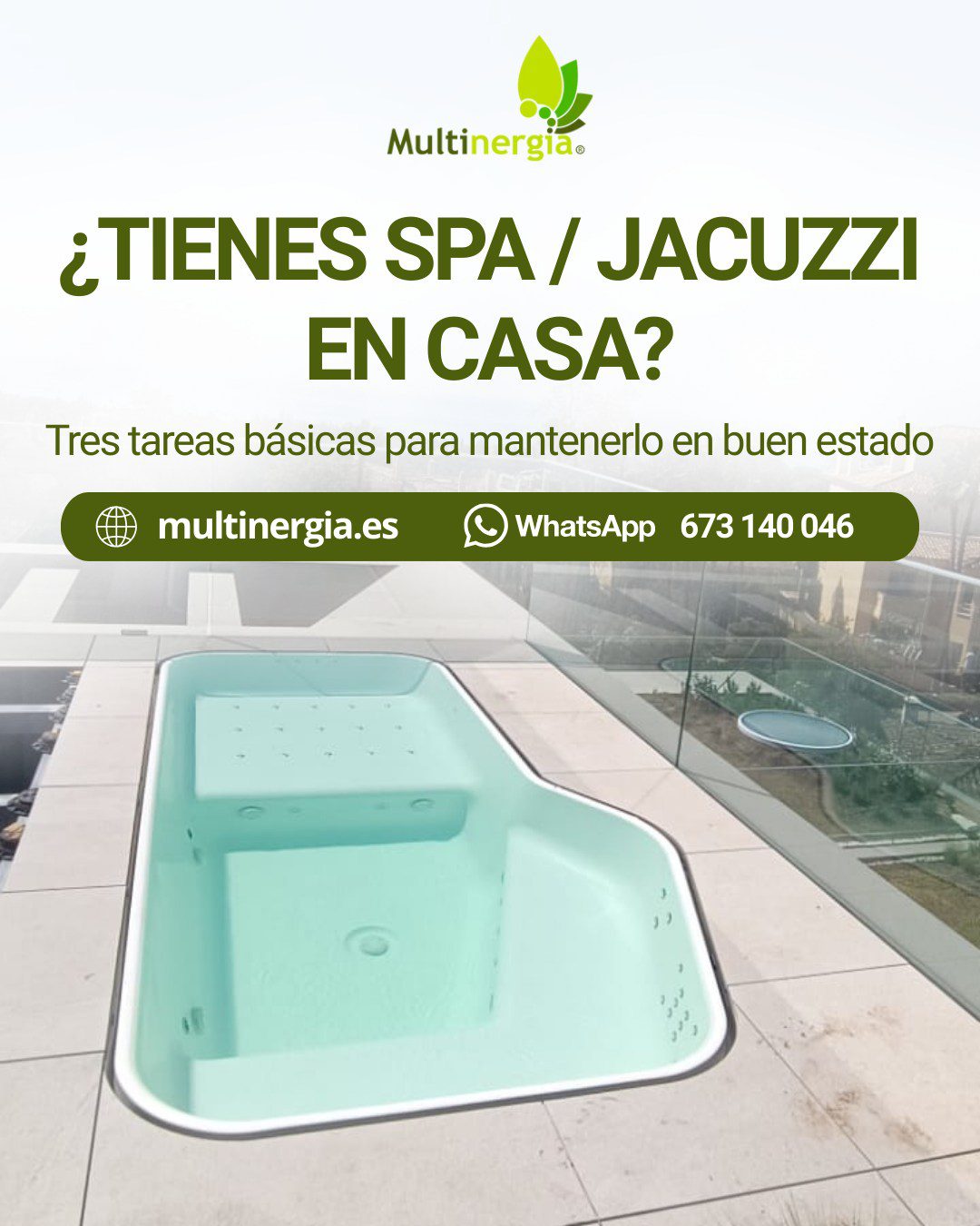 ¿Tienes un Spa/Jacuzzi en casa? 💧 Mantenerlo en buen estado no es solo una cuestión de confort, también de seguridad y durabilidad del equipo. 

Estas son tres tareas básicas que conviene revisar de forma periódica:

🔹 Cambiar el filtro cada 6 meses. 🔄 Un filtro en mal estado afecta directamente a la calidad del agua y al funcionamiento del sistema. 

🔹 Revisar la correcta circulación del agua. 💦 Es importante comprobar que bombas, retornos y entradas funcionan sin obstrucciones ni ruidos anómalos. 

🔹 Usar los productos adecuados para el mantenimiento del agua, como bromo, antialgas y productos específicos para la limpieza de las tuberías internas del spa. 🧪

Un mantenimiento correcto evita averías, prolonga la vida del equipo y garantiza una experiencia de uso segura y agradable. ✨

Si tu jacuzzi/spa no funciona como debería, conviene revisar estos puntos antes de que el problema vaya a más. 🔍

Consúltanos y te informamos: 
Whatsapp  673 140 046
🌐 https://www.multinergia.es 

#serviciotecnicooficial #equipamientodebaño #fontaneriaprofesional #osmosisinversa
#descalcificador #tratamientodelagua #fontaneriasevilla #fontaneriacordoba #multinergia #spa #jacuzzi