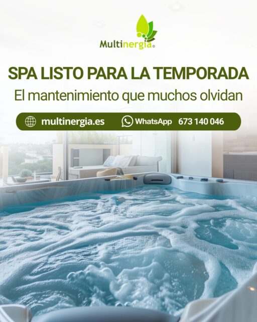 Cuando empieza la temporada de baño, muchas personas llenan su spa/jacuzzi y lo ponen en marcha sin revisar el sistema.

Sin embargo, después de meses de inactividad es habitual que aparezcan:

• Sedimentos en el circuito interno.
• Filtros saturados o deteriorados.
• Bombas que necesitan comprobación.
• Desajustes en el tratamiento del agua.

Un mantenimiento adecuado antes del primer uso ayuda a evitar averías y garantiza una experiencia segura y agradable durante toda la temporada.

En Multinergia somos especialistas en el mantenimiento de jacuzzis, piscinas, bañeras de hidromasaje, etc, revisando cada sistema para que funcione correctamente cuando más lo vas a utilizar. 🛁

Empieza la temporada de baño con tu instalación en perfectas condiciones.

Consúltanos y te informamos sobre cómo podemos ayudarte. 😊
Whatsapp 673 140 046
🌐 https://www.multinergia.es